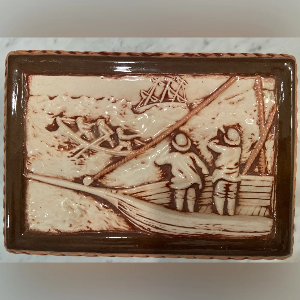 Vintage‎ Hershey Ceramic Mold Trinket Box 1981, Men in boats on ocean